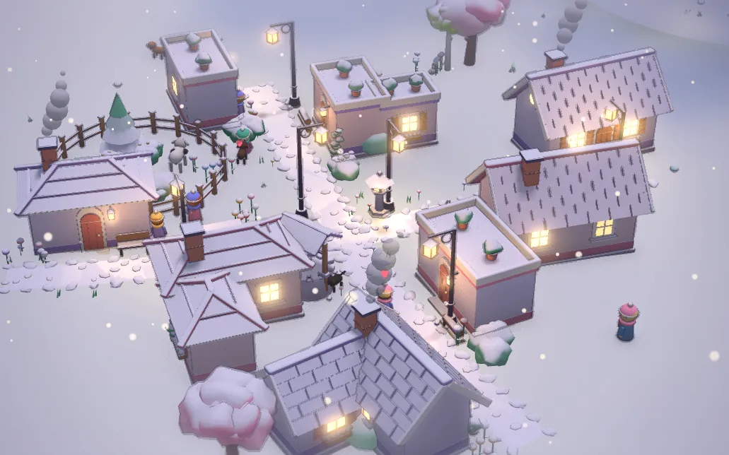 A snowy village at dusk with lamps lit, saved from photo mode.