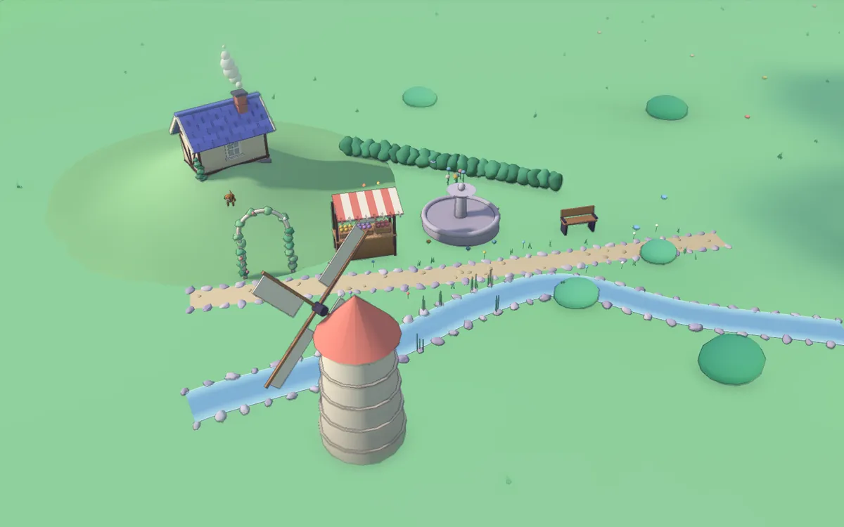 A cottage on a hill, a hedge, a market stall, a fountain, a bench, a garden arch and a windmill beside a stream and a path.