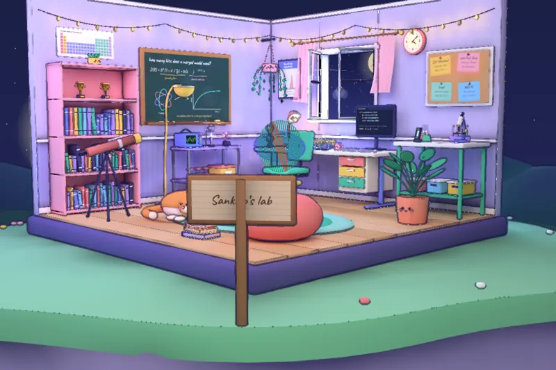 The scientist's room at night: bookshelf, chalkboard, telescope, a desk with a monitor and a sleeping cat.