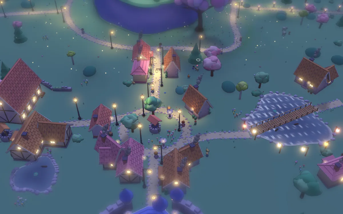 A village at night seen from above: lit windows, street lamps along stone paths, a frozen pond with a bridge.