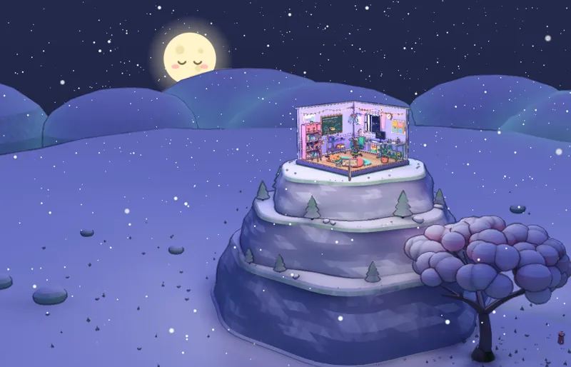 The room on its hill at night in winter, snow settled on the tiers and falling in front of a sleepy moon.